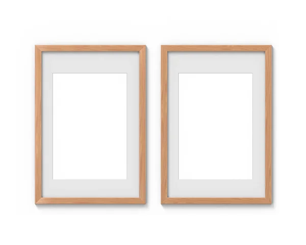 Set of 2 vertical wooden frames mockup with a border hanging on the wall. Empty base for picture or text. 3D rendering. — Stock Photo, Image