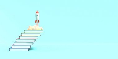 Oyuncak roket mavi bir arka plan üzerinde duman püskürtme kitaplardan çıkar. Eğitim ve bilgi arzusunun sembolü. Okul illüstrasyonu. 3d render.