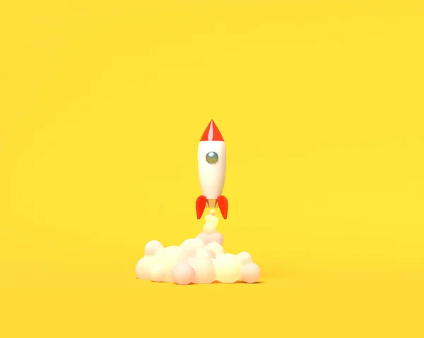 おもちゃのロケットは、黄色の背景に煙を噴き出す本から離陸します。教育と知識への欲求の象徴。学校のイラスト。3D レンダリング. — ストック写真