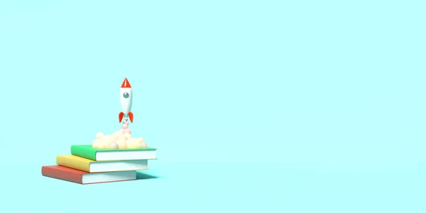Игрушечная ракета взлетает из книг, извергая дым на синем фоне. Символ желания получить образование и знания. Школьная иллюстрация. 3D рендеринг . — стоковое фото
