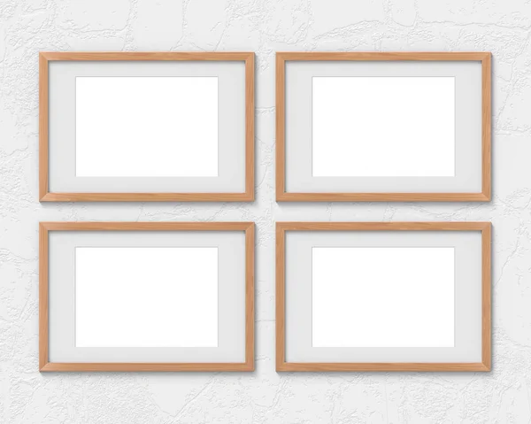 Set of 4 horizontal wooden frames mockup with a border hanging on the wall. Empty base for picture or text. 3D rendering. — Stock Photo, Image