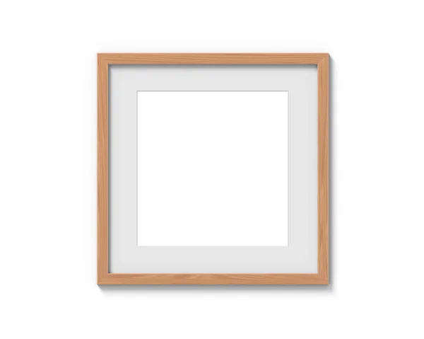 正方形の木製フレームは、壁に掛かっている境界線を持つモックアップ。画像またはテキストの空のベース。3D レンダリング. — ストック写真