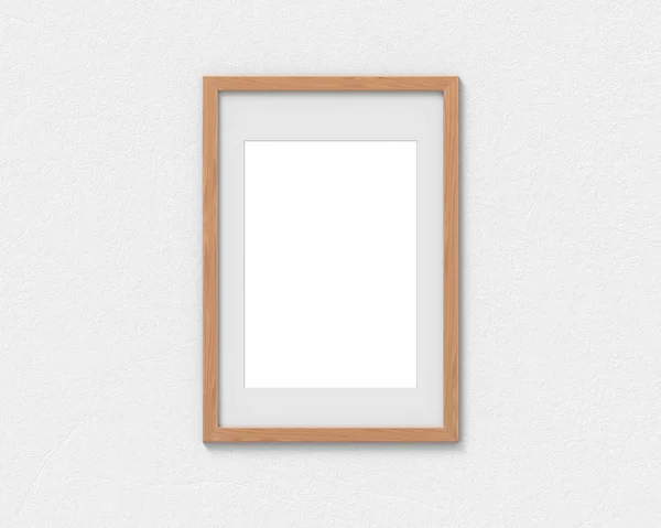 Vertikale Holzrahmen-Attrappe mit einem an der Wand hängenden Rand. leere Basis für Bild oder Text. 3D-Darstellung. — Stockfoto