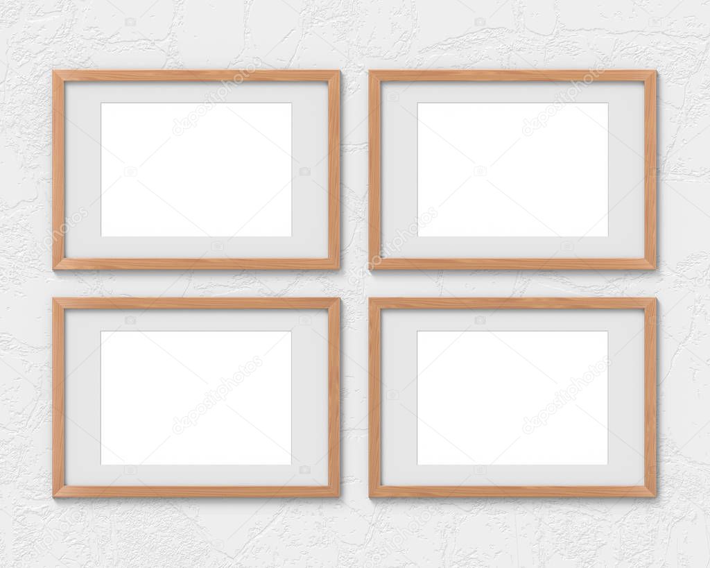 Set of 4 horizontal wooden frames mockup with a border hanging on the wall. Empty base for picture or text. 3D rendering.