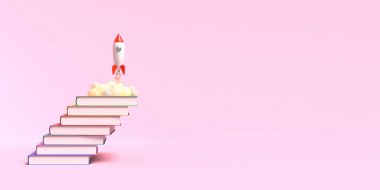 Oyuncak roket, pembe bir arka plan üzerinde duman püskürten kitaplardan havalanıyor. Eğitim ve bilgi arzusunun sembolü. Okul illüstrasyonu. 3d render.