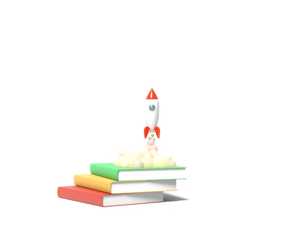 Fusée jouet décolle des livres crachant de la fumée sur un fond blanc. Symbole de désir d'éducation et de connaissance. Illustration scolaire. rendu 3D . — Photo