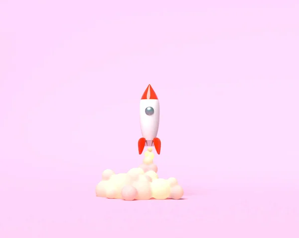 Toy Rocket lyfter från böckerna spyr rök på en rosa bakgrund. Symbol för längtan efter utbildning och kunskap. Skol illustration. 3D-rendering. — Stockfoto