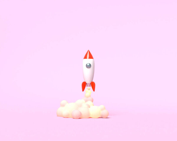 Toy rocket takes off from the books spewing smoke on a pink background. Symbol of desire for education and knowledge. School illustration. 3D rendering.