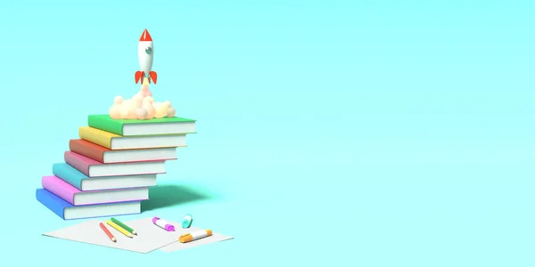 Toy Rocket lyfter från böckerna spyr rök på en blå bakgrund. Symbol för längtan efter utbildning och kunskap. Skol illustration. 3D-rendering. — Stockfoto