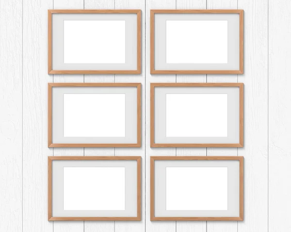 Sada šesti vodorovných dřevěných rámů se zavěšením okraje na stěně. Prázdný základ pro obrázek nebo text. prostorové vykreslování. — Stock fotografie