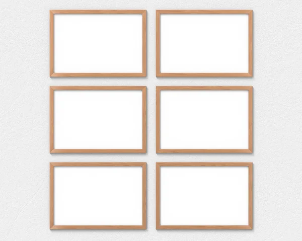 Sada šesti vodorovných dřevěných rámů visící na stěně. Prázdný základ pro obrázek nebo text. prostorové vykreslování. — Stock fotografie