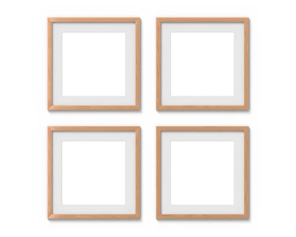 Set of 4 square wooden frames mockup with a border hanging on the wall. Empty base for picture or text. 3D rendering. — Stock Photo, Image