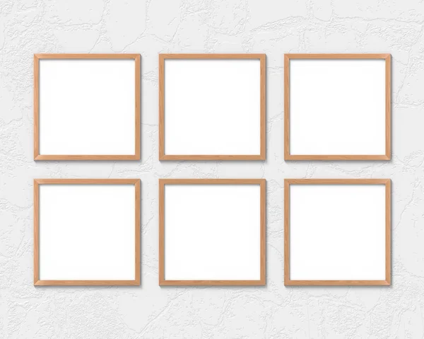 Set van 6 vierkante houten frames mockup opknoping op de muur. Lege basis voor afbeelding of tekst. 3D-rendering. — Stockfoto