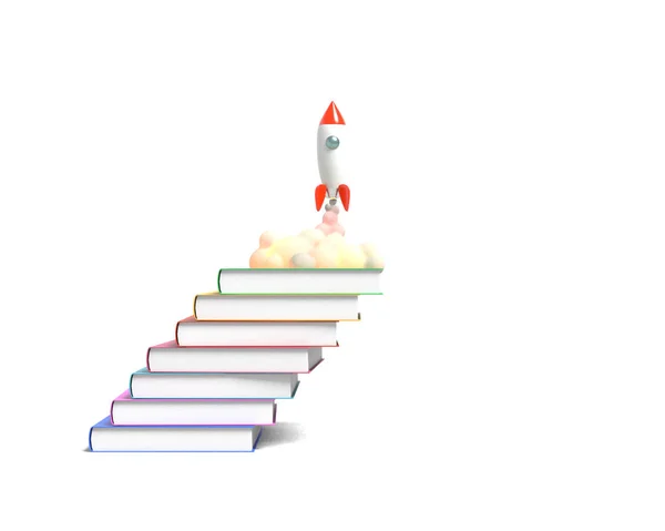 Toy Rocket neemt af van de boeken spuwen Smoke op een witte achtergrond. Symbool van verlangen naar onderwijs en kennis. Illustratie van de school. 3D-rendering. — Stockfoto