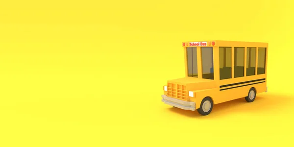 Desenhos animados ônibus escolar amarelo em um fundo amarelo. Ilustração escolar isolada simples. Renderização 3D . — Fotografia de Stock