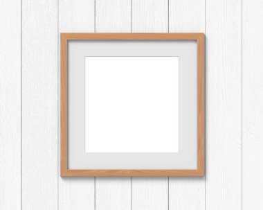 Kare ahşap çerçeveler duvarda asılı bir sınır ile mockup. Resim veya metin için boş taban. 3d render.