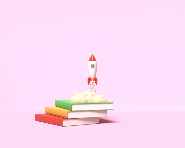 Foguete de brinquedo decola dos livros vomitando fumaça em um fundo rosa. Símbolo do desejo de educação e conhecimento. Ilustração escolar. Renderização 3D . — Fotografia de Stock