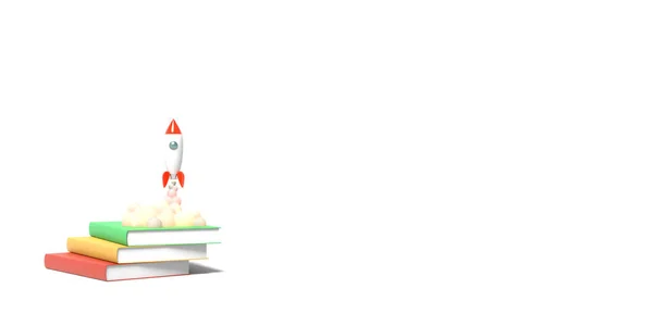 Toy rocket takes off from the books spewing smoke on a white background. Symbol of desire for education and knowledge. School illustration. 3D rendering. — Stock Photo, Image