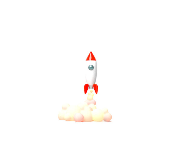 Toy rocket takes off from the books spewing smoke on a white background. Symbol of desire for education and knowledge. School illustration. 3D rendering.