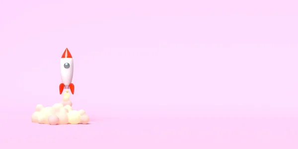 Spielzeugrakete hebt von den Büchern ab und versprüht Rauch auf rosa Hintergrund. Symbol für den Wunsch nach Bildung und Wissen. Schulillustration. 3D-Darstellung. — Stockfoto