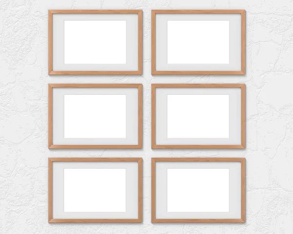 Set of 6 horizontal wooden frames mockup with a border hanging on the wall. Empty base for picture or text. 3D rendering. — Stock Photo, Image