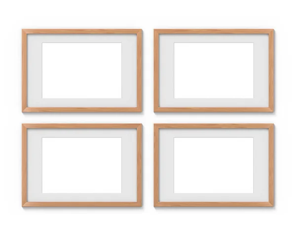 Conjunto de 4 marcos horizontales de madera maqueta con un borde colgando en la pared. Base vacía para imagen o texto. Renderizado 3D . —  Fotos de Stock
