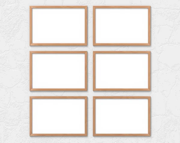 Conjunto de 6 molduras horizontais de madeira mockup pendurado na parede. Base vazia para imagem ou texto. Renderização 3D . — Fotografia de Stock