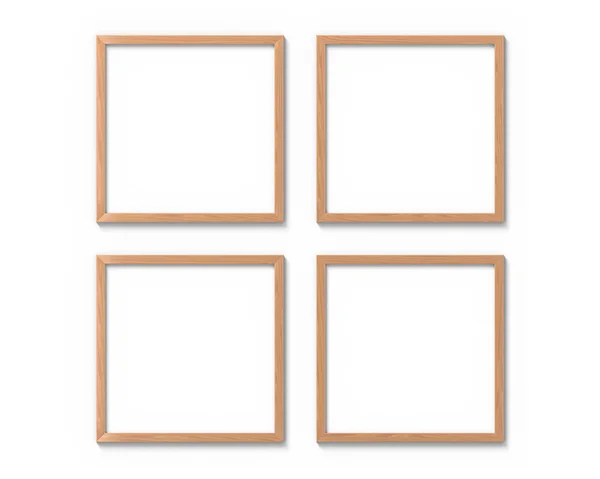 Conjunto de 4 marcos cuadrados de madera maqueta colgando en la pared. Base vacía para imagen o texto. Renderizado 3D . —  Fotos de Stock