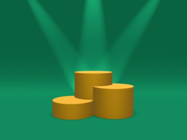 Podyum, Kaide veya platform altın renk yeşil arka planda Spotlar tarafından aydınlatılmış. Basit geometrik şekiller soyut Illustration. 3B işleme.
