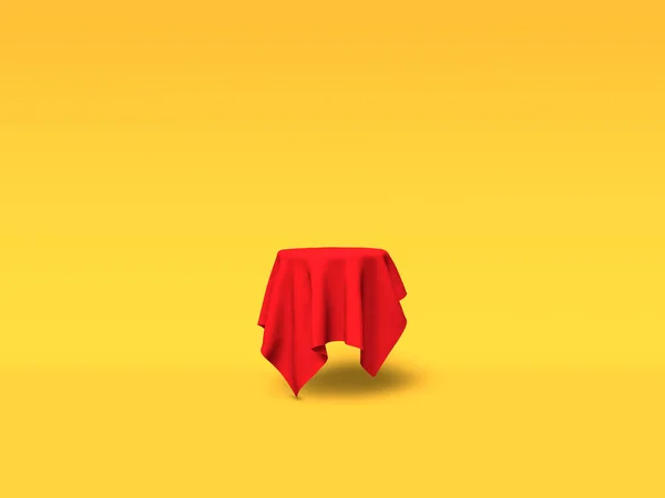 Pódio, pedestal ou plataforma coberta com pano vermelho sobre fundo amarelo. Ilustração abstrata de formas geométricas simples. Renderização 3D . — Fotografia de Stock