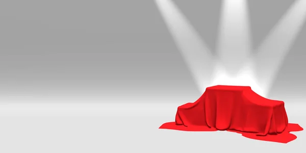 Podium, pedestal or platform covered with red cloth illuminated by spotlights on white background. Abstract illustration of simple geometric shapes. 3D rendering. — Stock Photo, Image