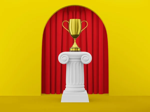 Coluna de pódio abstrato com um troféu dourado no arco de fundo amarelo com cortina vermelha. O pedestal da vitória é um conceito minimalista. Renderização 3D . — Fotografia de Stock