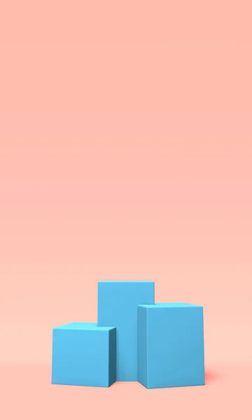 Podium, Podest oder Plattform blaue Farbe auf rosa Hintergrund. abstrakte Darstellung einfacher geometrischer Formen. 3D-Darstellung. — Stockfoto
