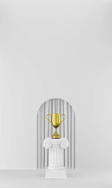 Абстрактна подіумна колонка з золотим трофеєм на білому тлі з аркою. П'єдестал перемоги це мінімалістична концепція. 3D візуалізація . — стокове фото