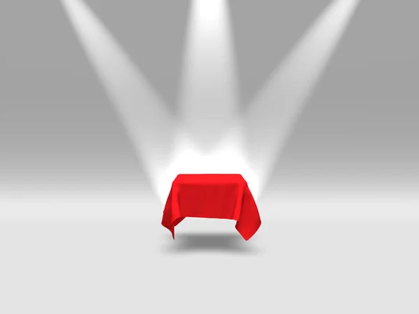 Podio, pedestal o plataforma cubierta con tela roja iluminada por focos sobre fondo blanco. Ilustración abstracta de formas geométricas simples. Renderizado 3D . —  Fotos de Stock