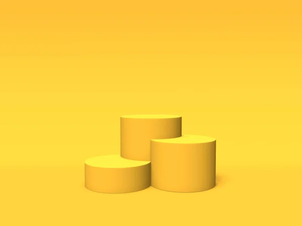 黄色の背景に表彰台、台座またはプラットフォームの金色。単純な幾何学的形状の抽象的な図。3D レンダリング. — ストック写真