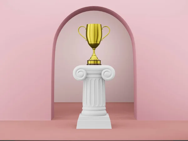 Abstrakte Podiumssäule mit goldener Trophäe auf rosa Hintergrund mit Bogen. Der Siegerpodest ist ein minimalistisches Konzept. 3D-Darstellung. — Stockfoto
