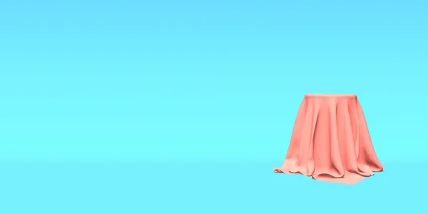 Podium, Podest oder Plattform mit rosa Tuch auf blauem Hintergrund. abstrakte Darstellung einfacher geometrischer Formen. 3D-Darstellung. — Stockfoto