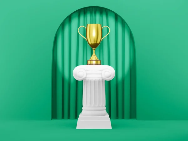 Abstract podium column with a golden trophy on the green background arch with green curtain. The victory pedestal is a minimalist concept. 3D rendering. — Stock Photo, Image