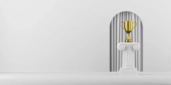 Abstract podium column with a golden trophy on the white background with arch. The victory pedestal is a minimalist concept. 3D rendering.