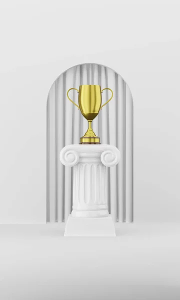 Coluna de pódio abstrato com um troféu dourado sobre o fundo branco com arco. O pedestal da vitória é um conceito minimalista. Renderização 3D . — Fotografia de Stock