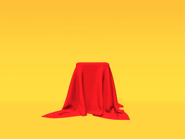 Pódio, pedestal ou plataforma coberta com pano vermelho sobre fundo amarelo. Ilustração abstrata de formas geométricas simples. Renderização 3D . — Fotografia de Stock