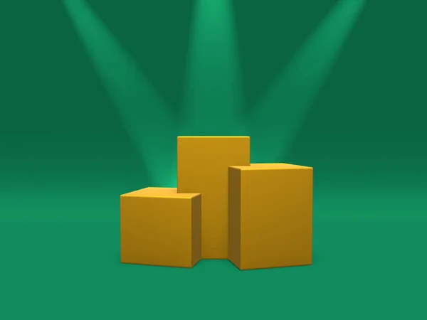 Podium, pedestal ou plataforma cor dourada iluminada por holofotes sobre fundo verde. Ilustração abstrata de formas geométricas simples. Renderização 3D . — Fotografia de Stock