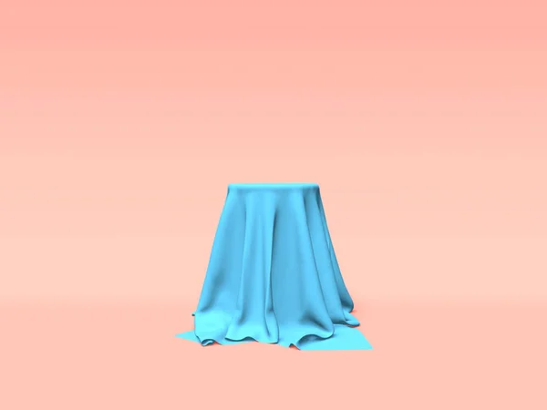 Podio, pedestal o plataforma cubierta con tela azul sobre fondo rosa. Ilustración abstracta de formas geométricas simples. Renderizado 3D . —  Fotos de Stock