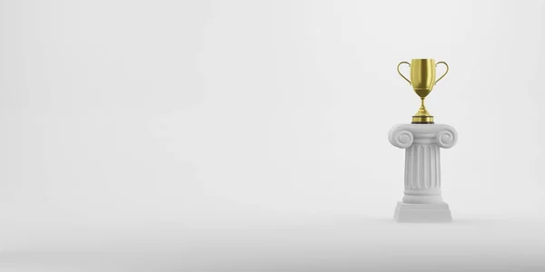 Colonna astratta del podio con un trofeo d'oro sullo sfondo bianco. Il piedistallo della vittoria è un concetto minimalista. Spazio libero per il testo. Rendering 3D . — Foto Stock