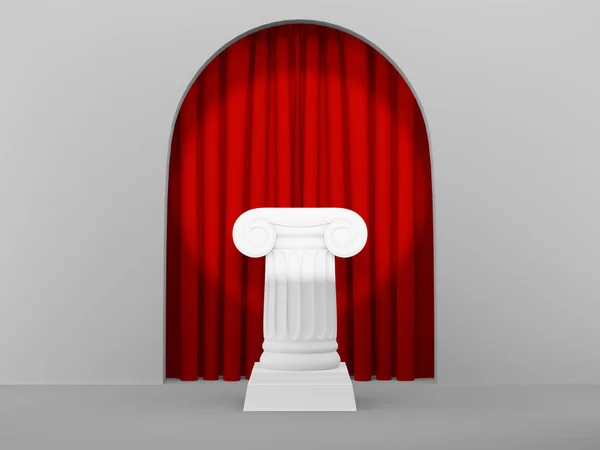 Abstracte podium zuil op de lichtgrijze achtergrond boog met rode curtian. Het Victory Pedestal is een minimalistisch concept. 3D-rendering. — Stockfoto