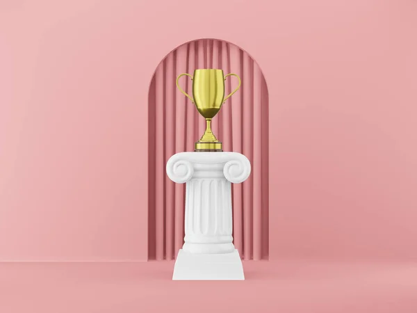 Abstrakte Podiumssäule mit goldener Trophäe auf rosa Hintergrund mit Bogen. Der Siegerpodest ist ein minimalistisches Konzept. 3D-Darstellung. — Stockfoto