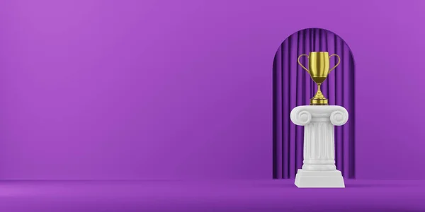 Abstrakte Podiumssäule mit goldener Trophäe auf Fuchsia-Hintergrund mit Bogen. Der Siegerpodest ist ein minimalistisches Konzept. 3D-Darstellung. — Stockfoto
