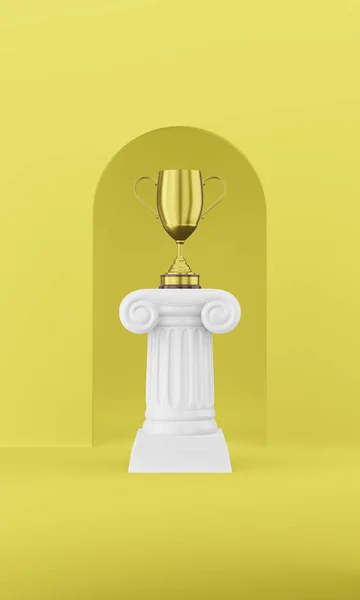 Columna de podio abstracta con un trofeo dorado sobre fondo amarillo con arco. El pedestal de la victoria es un concepto minimalista. Renderizado 3D . —  Fotos de Stock