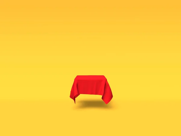Pódio, pedestal ou plataforma coberta com pano vermelho sobre fundo amarelo. Ilustração abstrata de formas geométricas simples. Renderização 3D . — Fotografia de Stock
